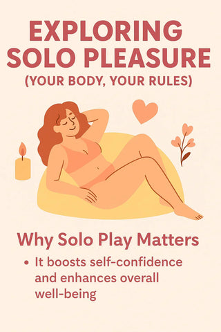 Illustration reading “Exploring solo pleasure—your body, your rules,” with a relaxed person and benefits of solo play
