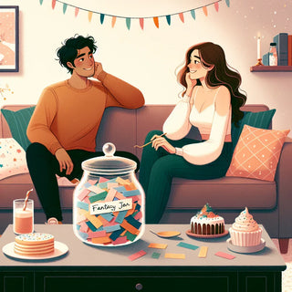 Illustration of a couple discussing fantasies beside a jar labeled Fantasy Jar